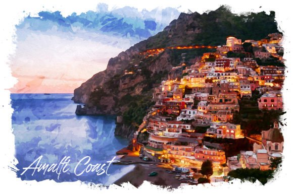 Amalfi Coast Watercolor Poster: Premium Illustrations