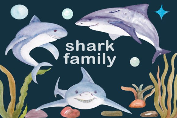 Baby Shark Clipart, Watercolor Family Illustrations