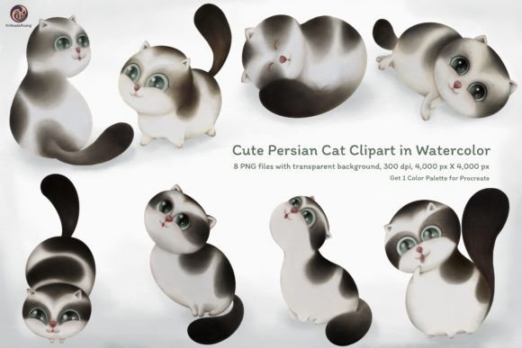 Cute Persian Cat Clipart in Watercolor for Crafting & Illustrations