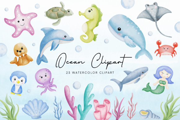 Cute Watercolor Ocean Animals for Local Business Branding and Packaging