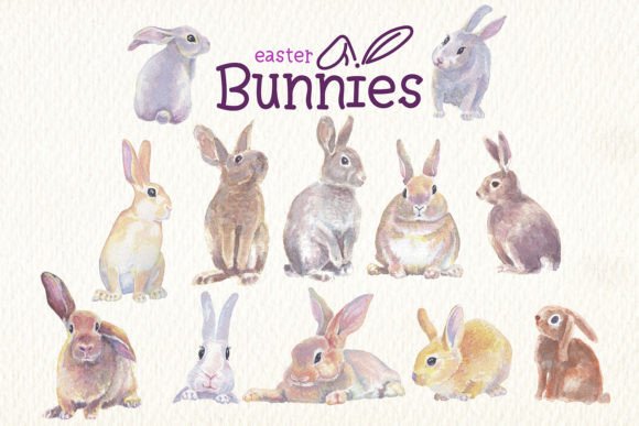 Easter Bunnies Watercolor Clipart & Illustrations