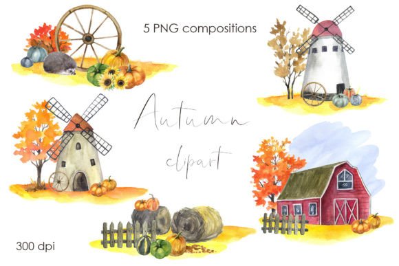 Fall Farmhouse Watercolor Autumn Clipart & Illustrations