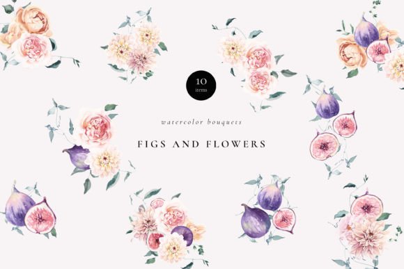 Figs and Flowers Watercolor Bouquets Illustrations