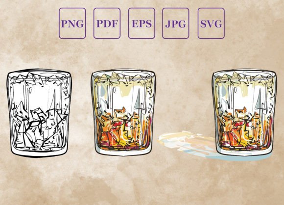 Glass with Whiskey Watercolor Vector Illustrations