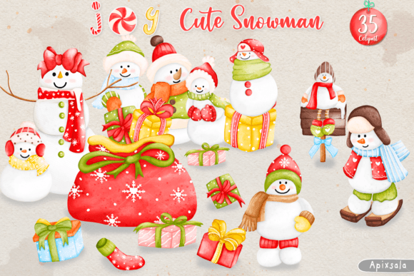 Joy Snowman Watercolor Clipart & Illustrations