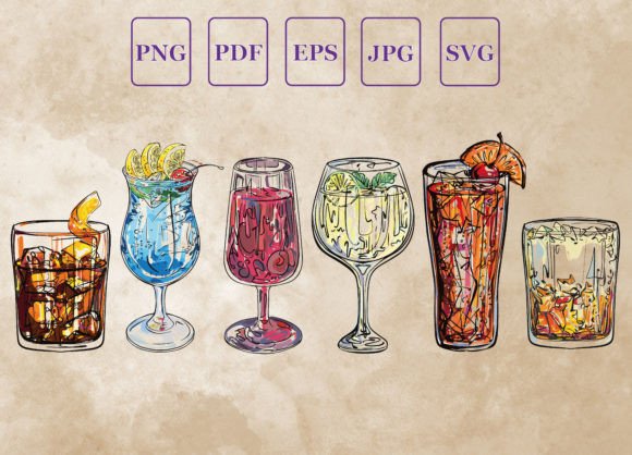 Set of Cocktail Glasses Watercolor Illustrations