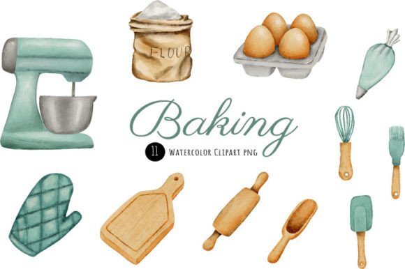 Watercolor Baking Tools Clipart Set & Illustrations