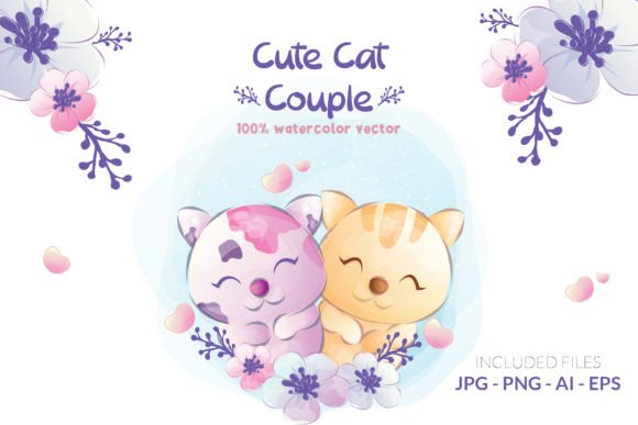 Watercolor Cute Cat Couple Illustrations Review
