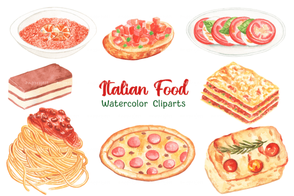 Watercolor Italian Food Clipart PNG Illustrations