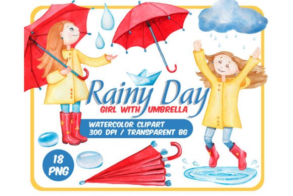 Watercolor Rainy Day Clipart Set & Illustrations